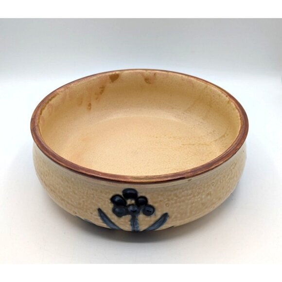 Artisan Stoneware Pottery Centerpiece Serving Bowl Blue Flowers Tan Salt Glaze - Picture 2 of 8